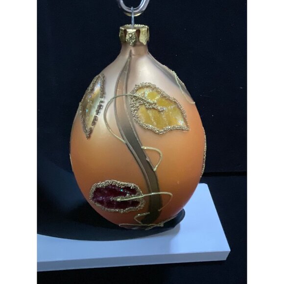 VTG Blown Glass Handcrafted Orange & Gold Leaf Design Christmas Ornament 7” - Picture 4 of 7